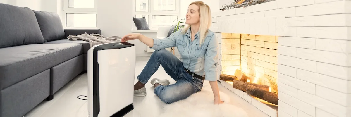 Woman And Air Purifier At Home. Air Humidification